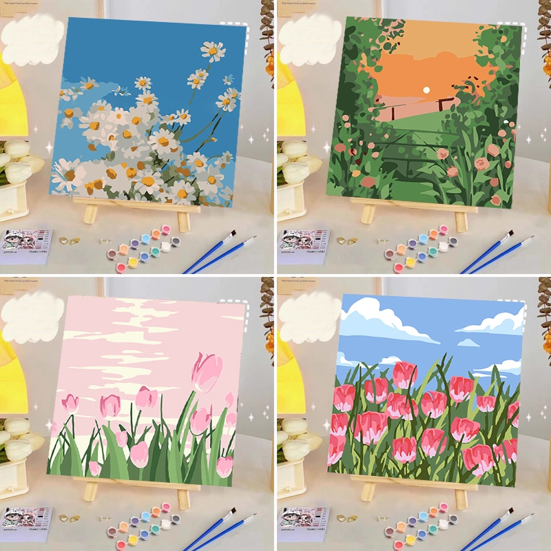 [มีเฟรม] การวาดภาพดิจิตอล 20*20 ซม DIY Paint by Numbers ภาพระบายสีตามตัวเลข ดอกไม้ ระบายสีภาพ ของขวัญที่ดีที่สุดสำหรับเด