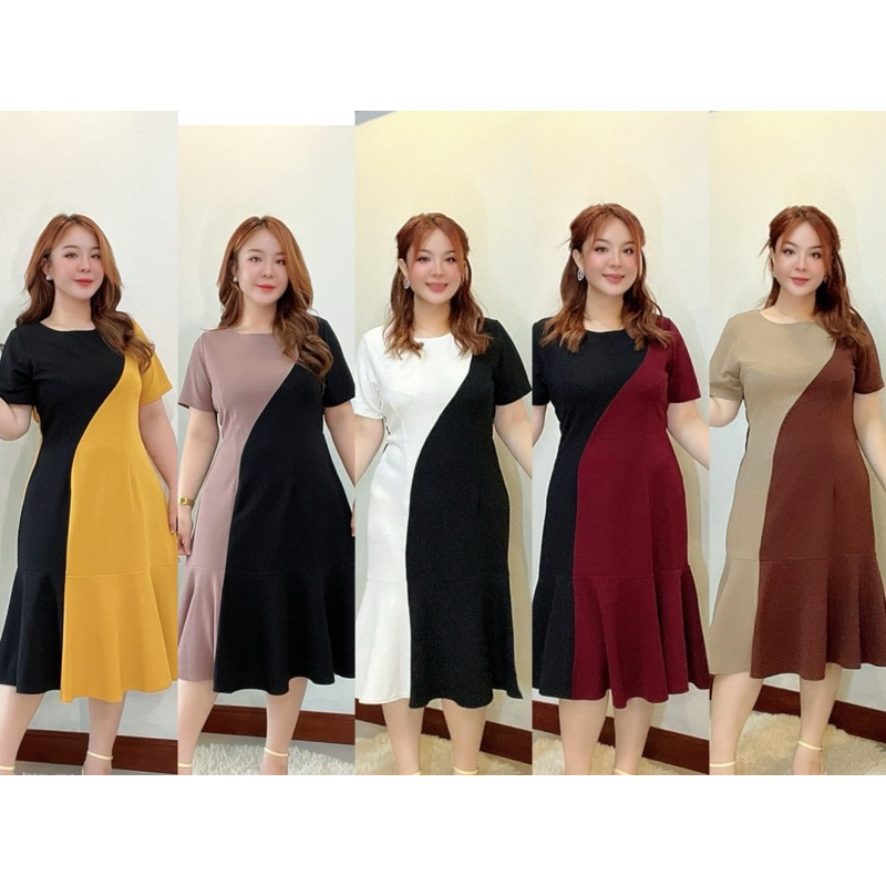 ชุดเดรสผ้ายืดวูลเวฟทูโทนแต่งสี อก 42“ พร้อมส่งจากไทย