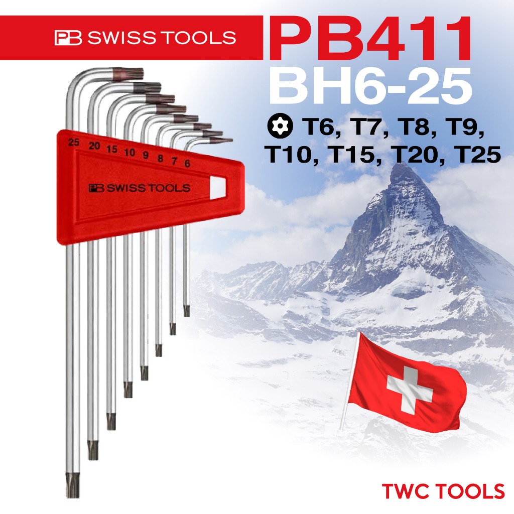 PB 411.BH 6-25 ประแจ ตัวแอล ท็อค TORX มีรู หัวทอร์ค ยาว ประแจดาว 8 ชิ้น เบอร์ T6 - T25 PB Swiss Tools PB411.BH 6-25