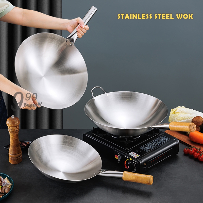 กระทะสแตนเลสอย่างดี กระทะจีน ผัดข้าว กระทะก้นลึก ทนความร้อน ก้นลึก กระทะสแตนเลส กระทะทอด 32ซม/34ซมcm z0151