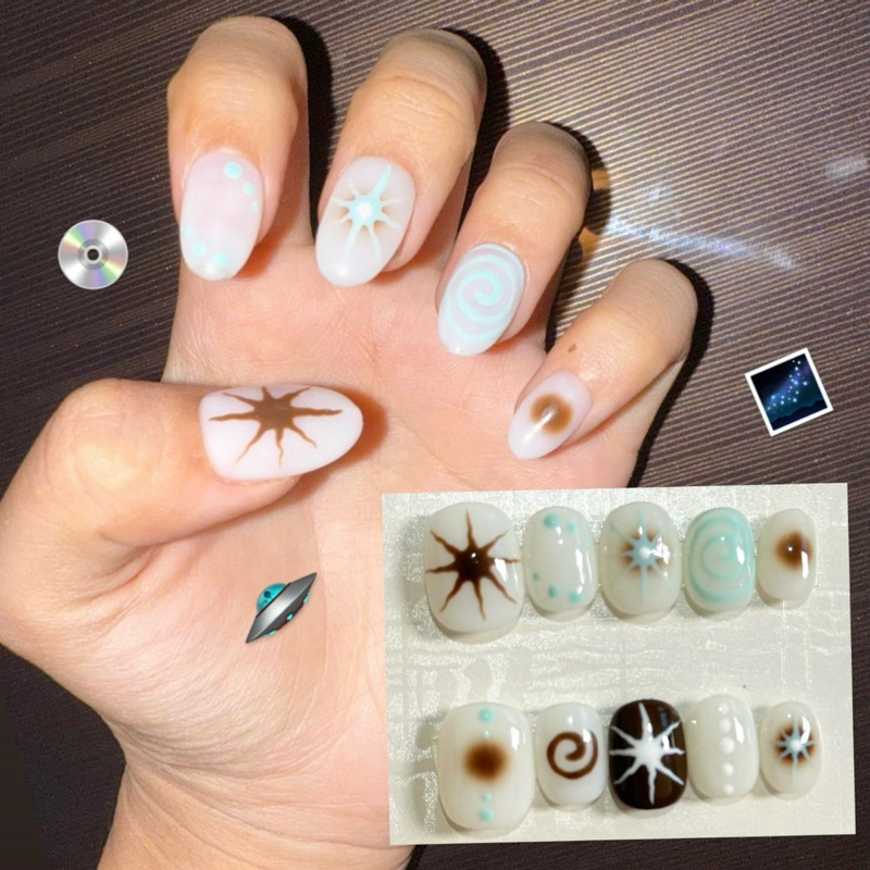 เล็บปลอมเจลลายใหม่ !!!!  เพ้นท์ลาย สีฟ้า น้ำตาล ขาว 🌠🌌🤖🛸  (งานพรีออเดอร์) *รีบใช้ด่วนลองแจ้งก่อนได้ในแชท