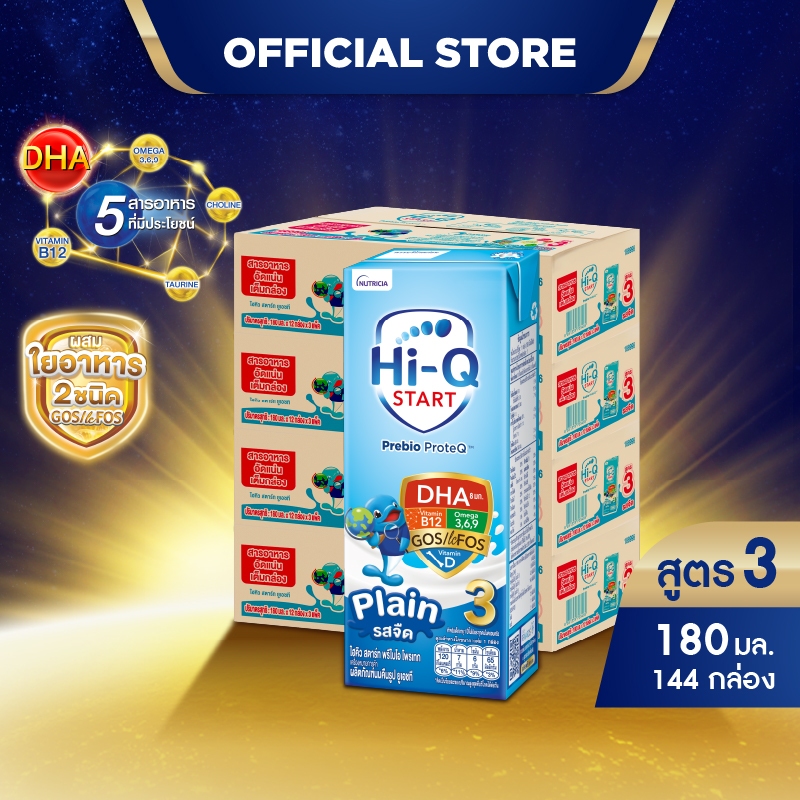 นมกล่อง ยกลังx4ลัง นมยูเอชที นมไฮคิวสูตร3 สตาร์ท พรีไบโอโพรเทก รสจืด 180 มล(144 