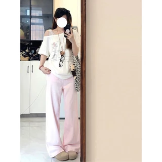 เสื้อยืดโอเวอร์ไซส์เกาหลีน่ารักๆ สีขาว เสื้อปาดไหล่สาวอวบใส่ได้ เสื้อยืดสวยๆผู้หญิงที่กําลังฮิต สตรีทกําลังฮิตปิดไหล่XXL