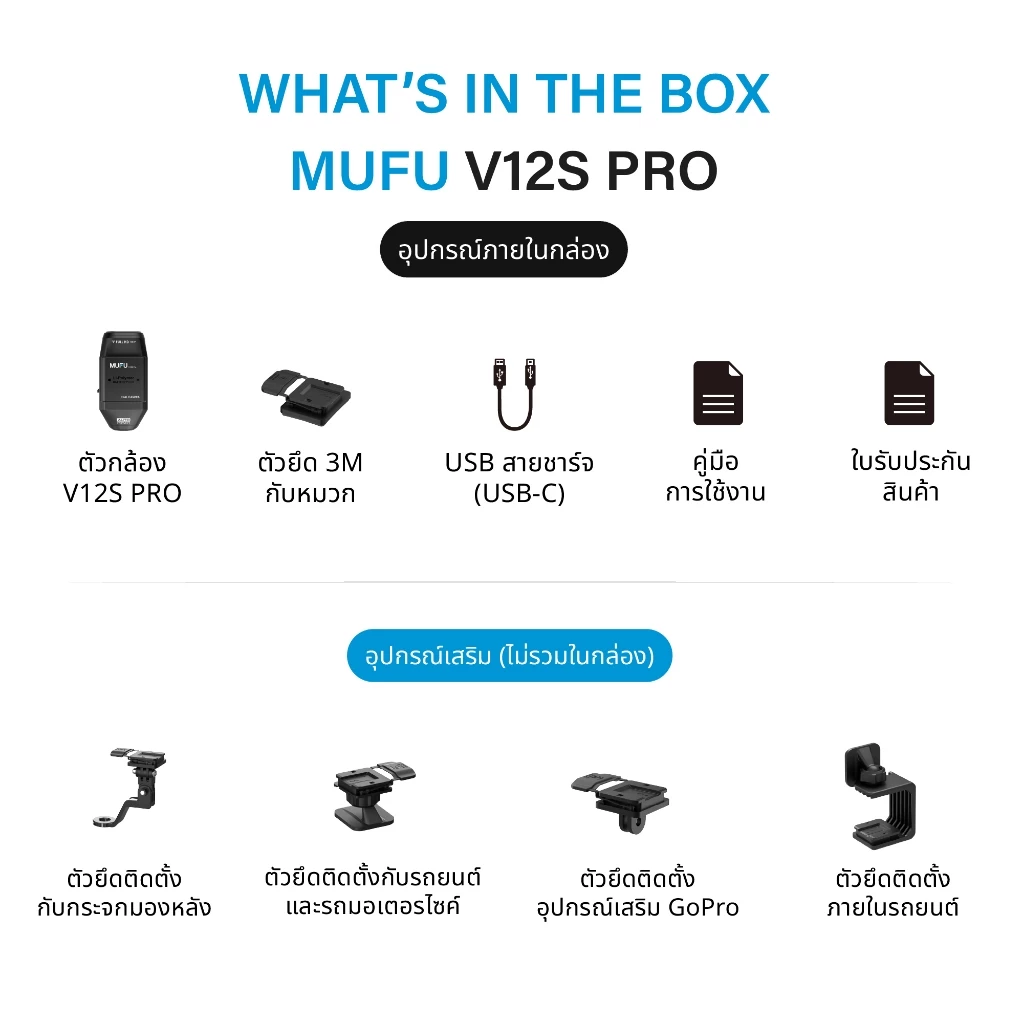 MUFU V12S PRO กล้องติดหมวกกันน็อค ใช้งานต่อเนื่อง10ชม  กล้องติดรถยนต์ กันน้ำ IP66 Wifi 1080P WDR รับประกันสินค้า1ปี thumbnail 4
