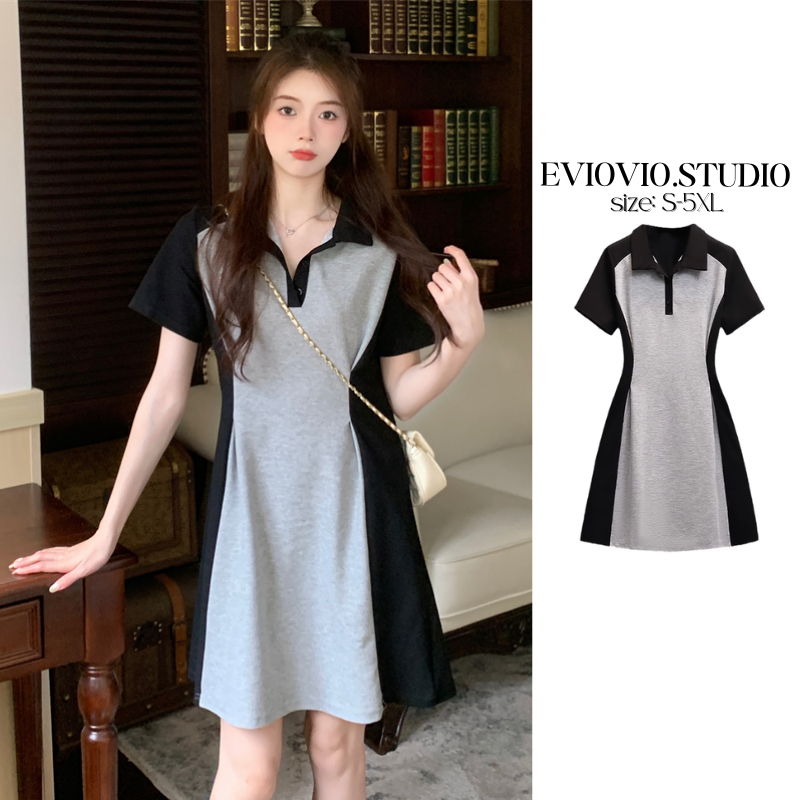 【EVIOVIO】S-5XL มินิเดรส สีทูโทน เว้าเอวช่วยพรางหุ่น สไตล์ลำลอง เดรสแฟชั่น คอปกโปโล เดรสพลัสไซซ์