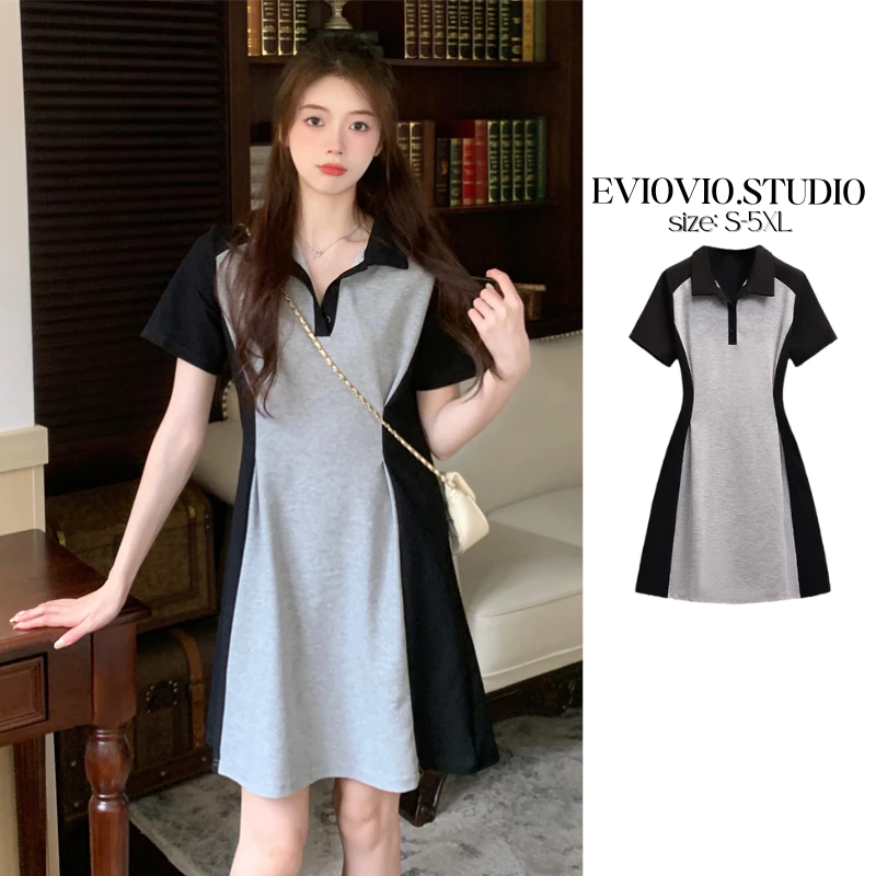 【EVIOVIO】S-5XL มินิเดรส สีทูโทน เว้าเอวช่วยพรางหุ่น สไตล์ลำลอง เดรสแฟชั่น คอปกโปโล เดรสพลัสไซซ์