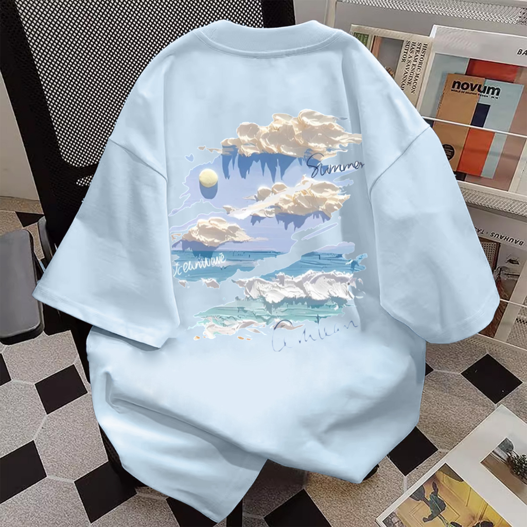 Basi💥 ผู้หญิง เสื้อยืด oversize เกรดพรีเมียม เสื้อคอตตอน100% ไม่หดตัว ใส่สบาย การ์ตูนน่ารัก ลาย "Canvas summer"