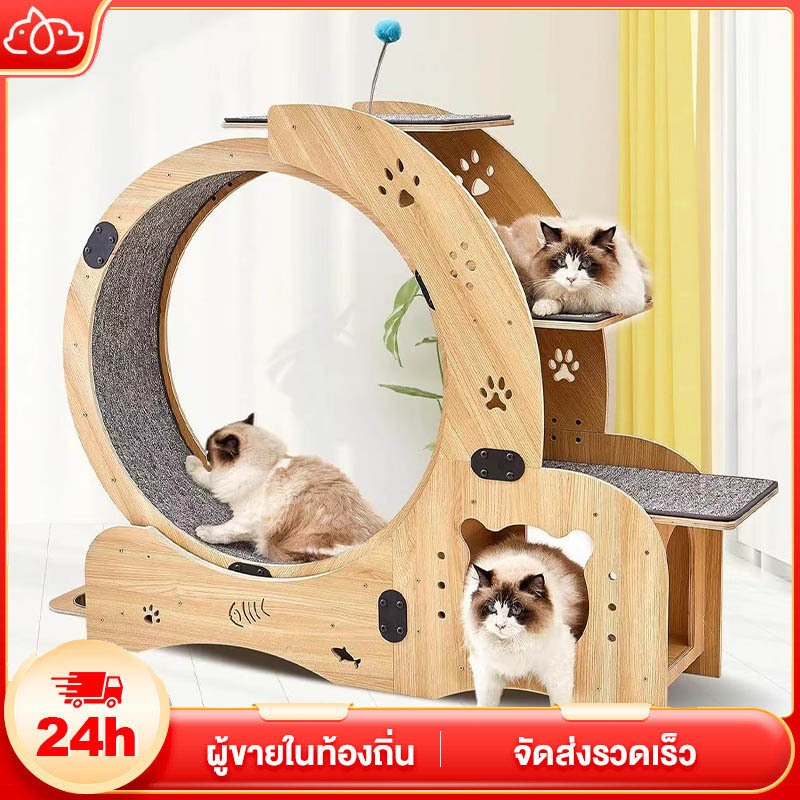ลู่วิ่งแมว ออกกำลังกาย ขนาดใหญ่ ที่ออกกำลังกายสัตว์เลี้ยง ล้อวิ่งกีฬาไม้เนื้อแข็ง โครงปีนแมว 5in1