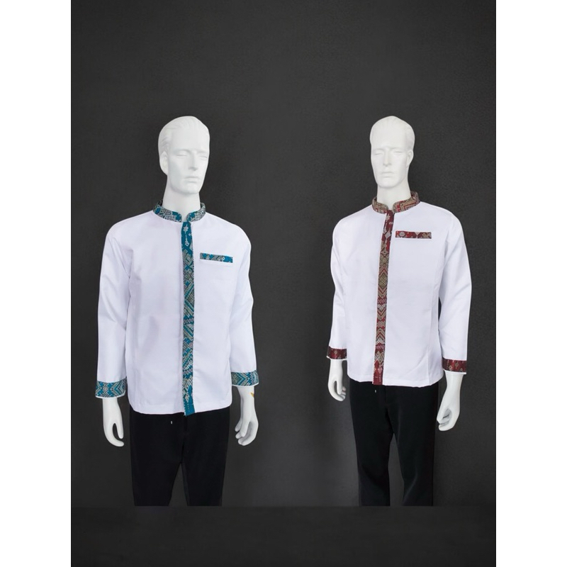 เสื้อชายแต่งแถบผ้าไหมทอลายแพรวาอัดผ้ากาวทั้งตัว