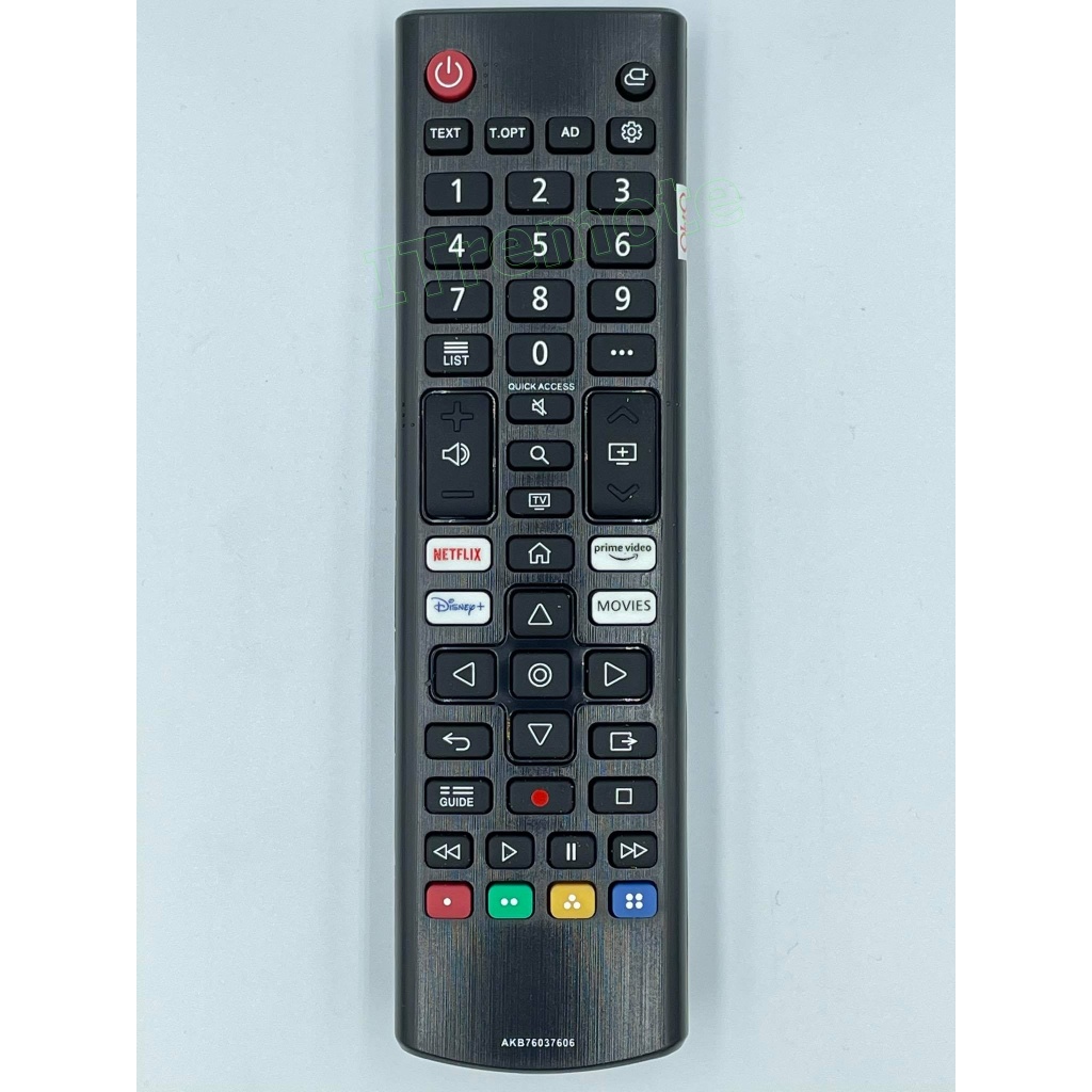 รีโมททีวีที่ใช้งานได้กับ  LG รุ่น AKB76037606 สมาร์ทีวี มีปุ่มคำสั่ง MOVIES / NETFLIX / PRIME VIDEO / DISNEY+
