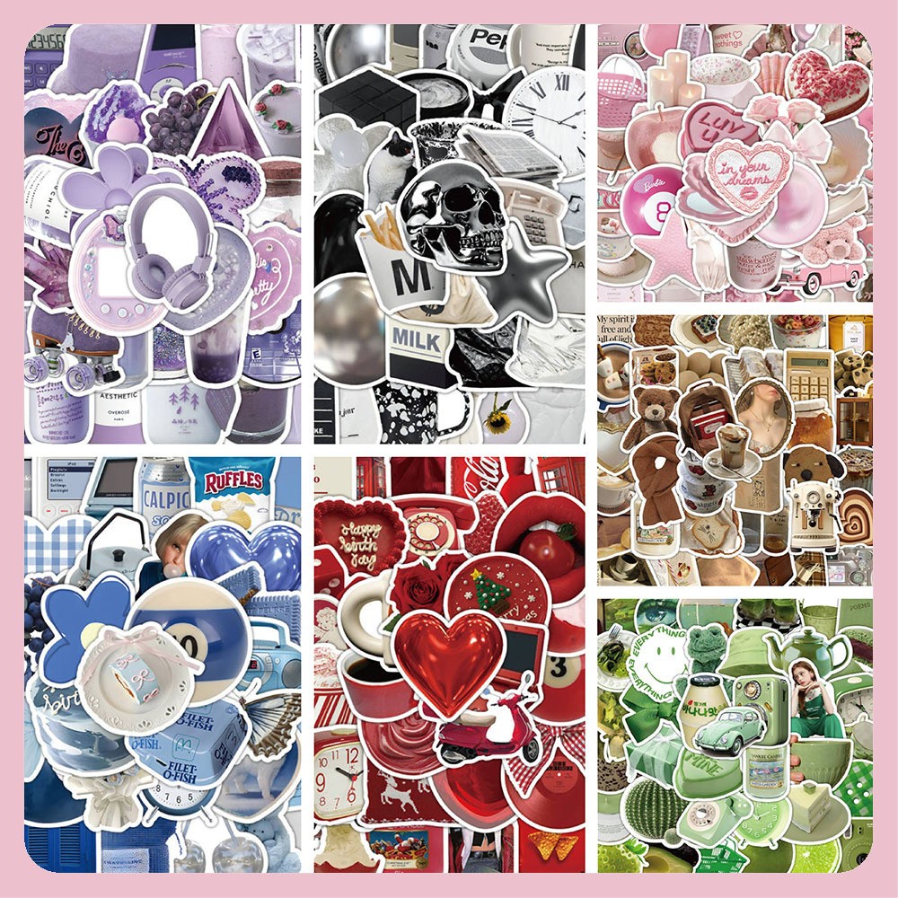 [พร้อมส่ง] 50ชิ้น PVC Sticker สติกเกอร์ DIY ลาย Graffiti เครื่องเขียน ตกแต่ง มือถือ Notebook Pink Blue Black White Green