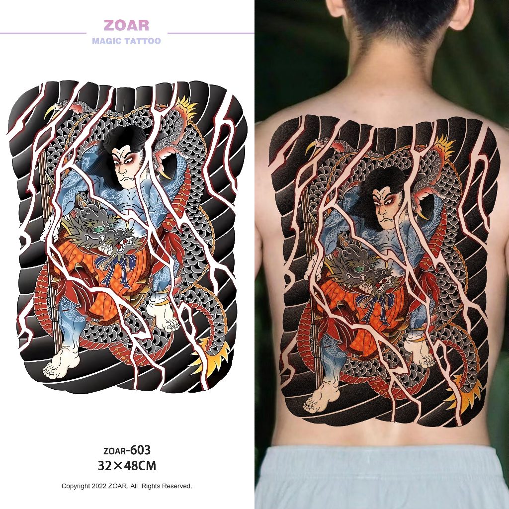 ZOAR-603 พร้อมส่ง สติกเกอร์รอยสักสี ชุดสติกเกอร์รอยสักเต็มหลัง กันน้ำ ติดทน 2-3 วัน