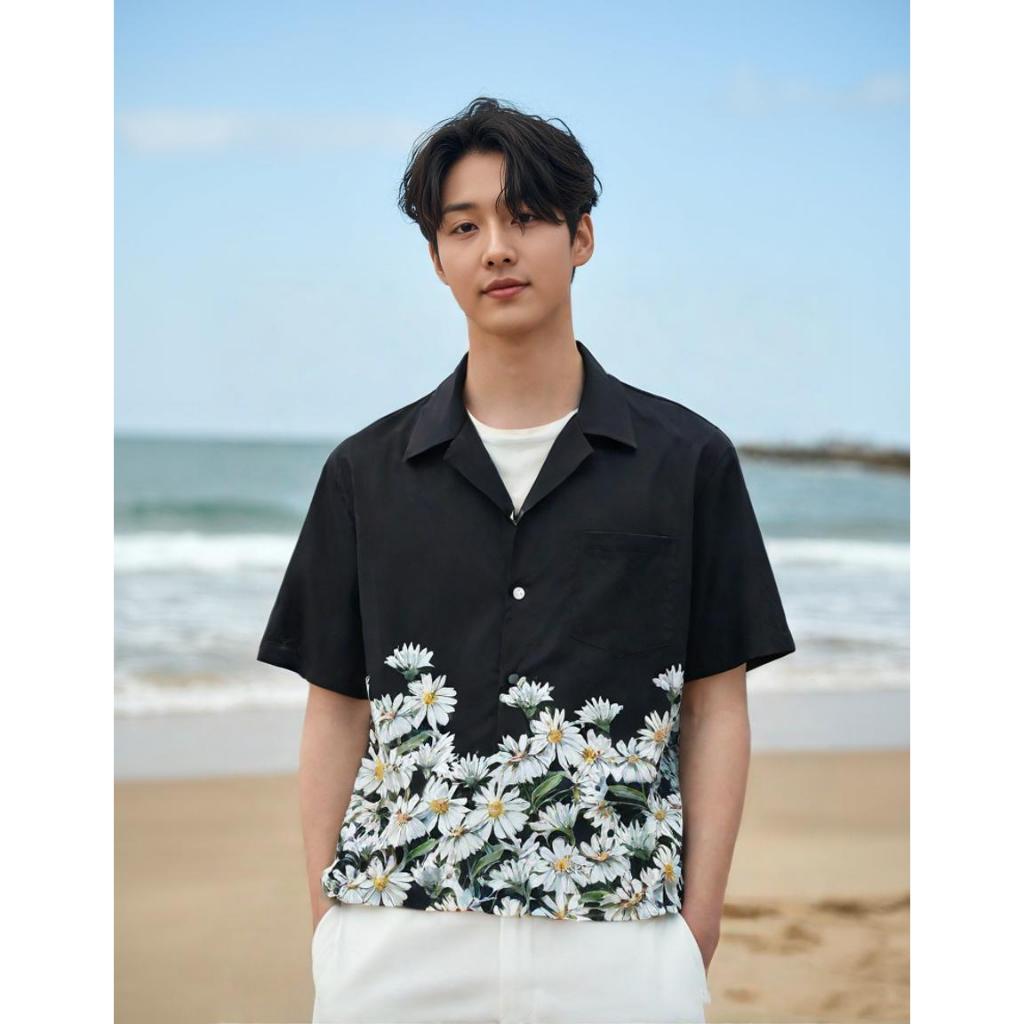 11.WOLF Hawaii Shirt  เสื้อเชิ๊ตแขนสั้นต่อลายดำดอกขาว / H55