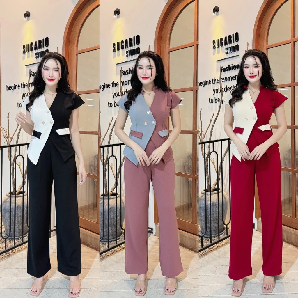 ชุดเซตยาวทรูโทนผ้าวูลเวฟ เสื้อทรงสูทกระดุมมุกหน้าแต่งกระเป๋าหน้า+กางเกงเอวเรียบสม๊อคหลังมีกระเป๋า A6619
