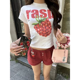 Rita พร้อมส่ง🍓🍇เสื้อครอป เสื้อยืดสีขาว Y2Kสุดฮิตผู้หญิงแขนสั้น พิมพ์ผลไม้ ทรงรัดรูป น่ารัก ใส่สบาย สไตล์สาวเกาห
