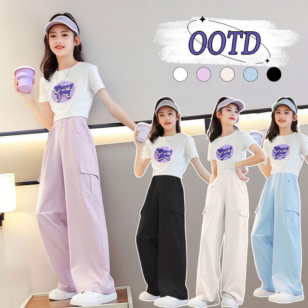 Beryl kids🌸ชุดแขนสั้นเด็ก🌸ชุดเซ็ทคาโก้เด็กผู้หญิง เสื้อยืดแขนสั้นและกางเกงขากว้างสบายๆ สําหรับลูกสาว แฟชั่นฤดูร้อน