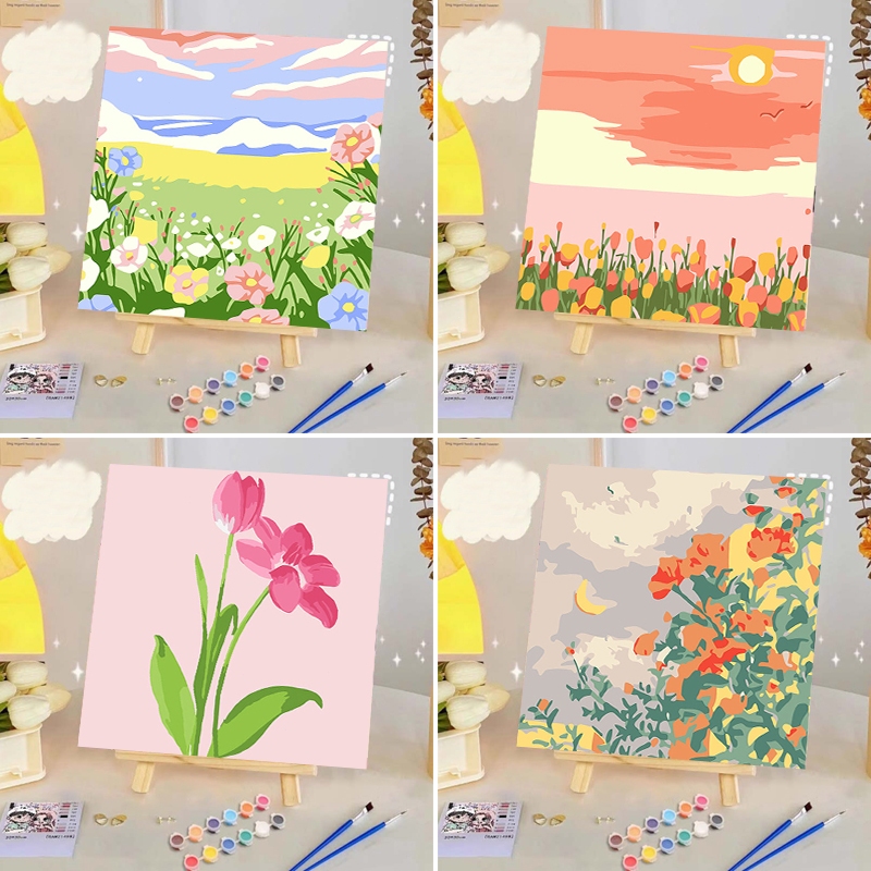 [มีกรอบ] DIY การวาดภาพดิจิตอล 20*20ซม. Paint by Numbers การวาดภาพดอกไม้ ระบายสีตามเลข การทำสมาธิ ของขวัญ