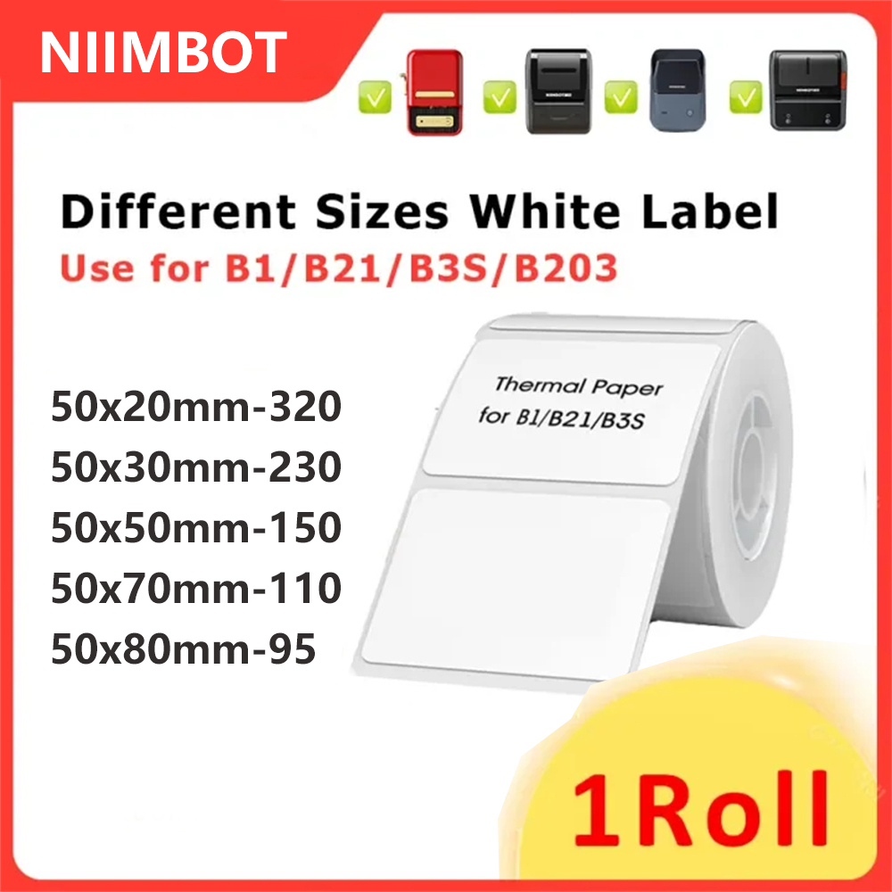 Niimbot 1 ม้วน B1/B21/B3S สีขาวสติกเกอร์ฉลากกันน้ําน้ํามันหลักฐานไม่มีกาวตกค้างฉลากกระดาษสําหรับ B1/