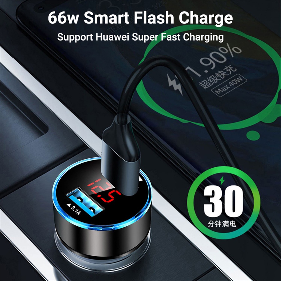 🔥ส่งจากไทย🔥เครื่องชาร์จในรถยนต์จอแสดงผลดิจิตอล 3.1A ใหม่ pd + qc3.0 เครื่องชาร์จในรถยนต์ usb คู่