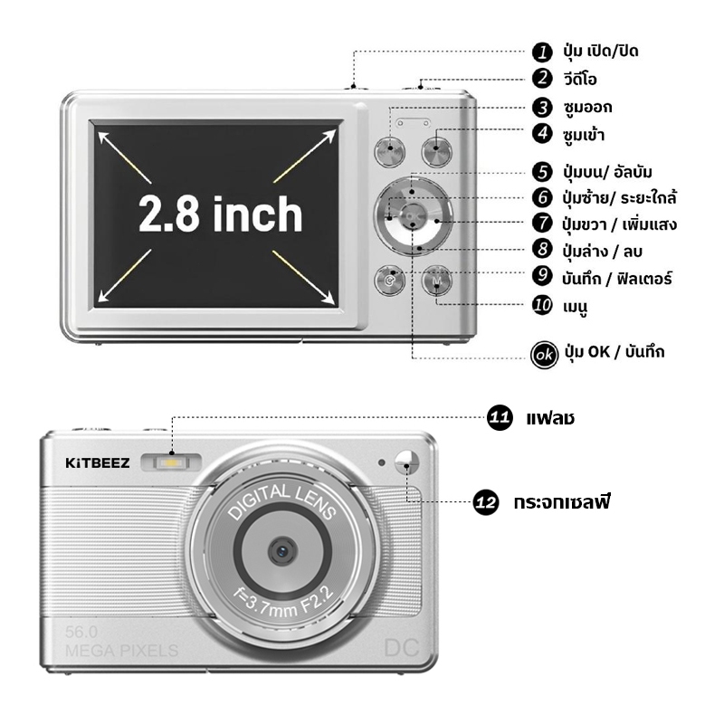 KiTBEEZ KC-2 กล้องดิจิตอล กล้องถ่ายรูปถ่ายวิดีโอ 5600MP 16X กล้องคอมแพค 1080P HD พร้อมแฟลช กล้องVlog