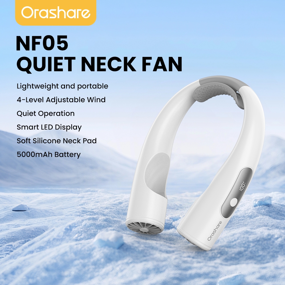 Orashare NF05 พัดลมคล้องคอ5000mAhพัดลมพกพา ชาร์จUSBความเร็ว 4 ระดับหน้าจอLEDสวมใส่ได้ยาวนานโดยไม่เมื