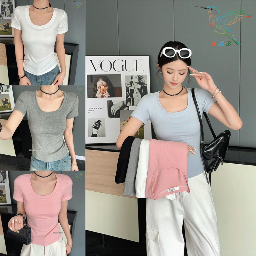 HMB® เสื้อยืด คอยู แขนสั้น M-2XL ผ้าคอตตอนผสมสเปนเด็กช์ เนื้อผ้านิ่ม ยืดได้เยอะ ดีไซน์ทรงเข้ารูป t31