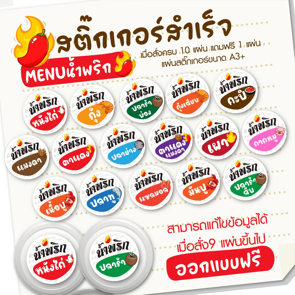 แบบสำเร็จ สติกเกอร์น้ำพริก (แก้ไขข้อความได้) ขนาด 3.5 ซม. (112ดวง/แผ่น)(ขนาดแผ่นA3+) สติกเกอร์พร้อมไดคัท ราคาถูก