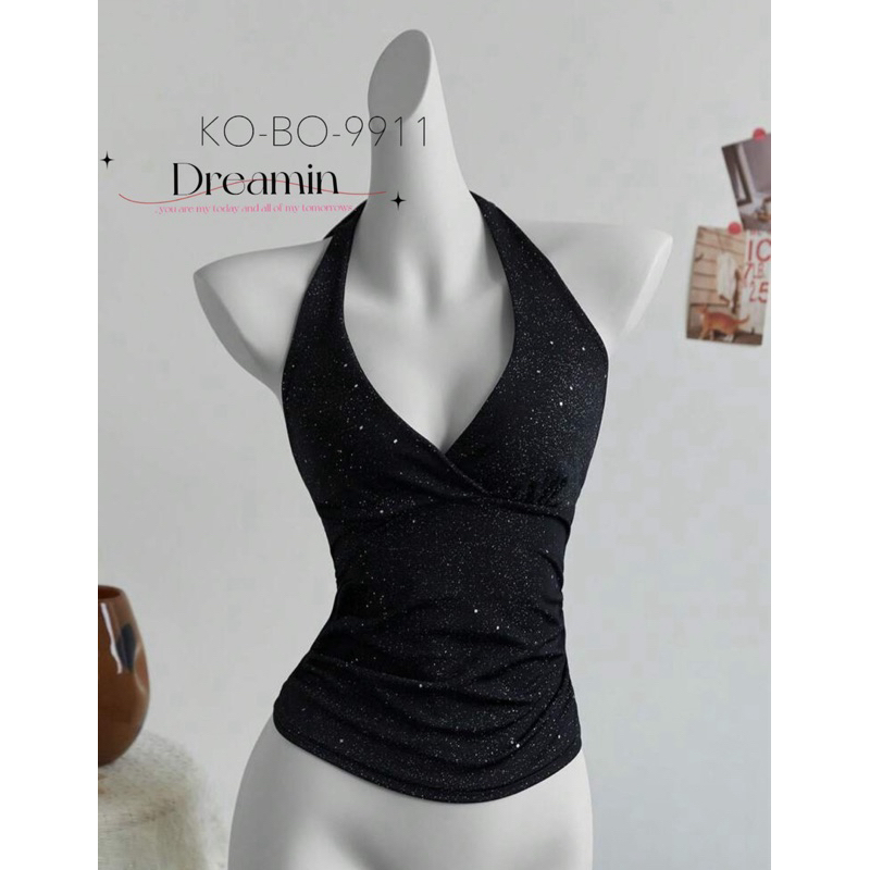 Dreamin 🖤 เสื้อคล้องคอผ้าลายกากเพชรสีเงิน 🖤 พร้อมส่งจากไทย 🇹🇭