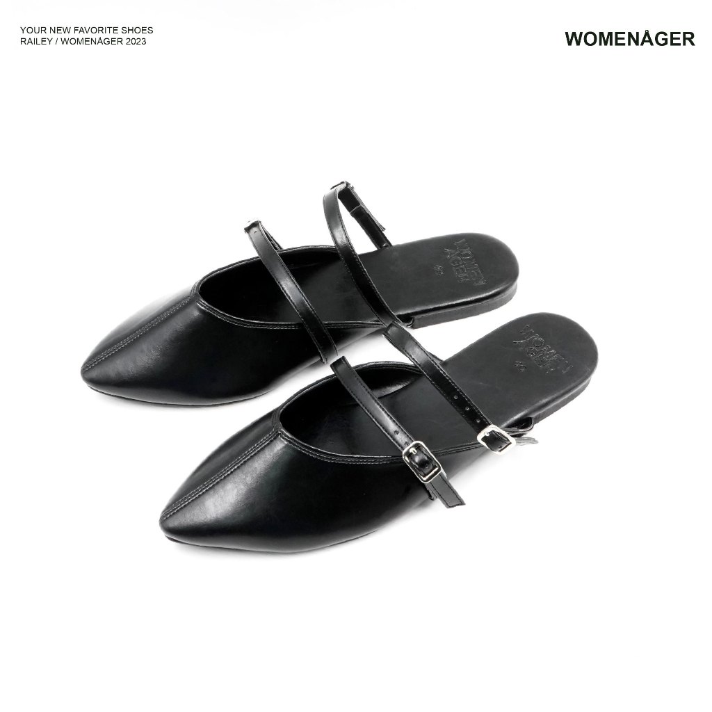 womenager - Railey Classic สี Black leather รองเท้าหัวแหลมเปิดส้น