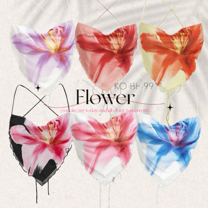Flower เสื้อสายเดี่ยวทรงสามเหลี่ยมลายพิมพ์ดอกไม้เอวเอส พร้อมส่งจากไทย