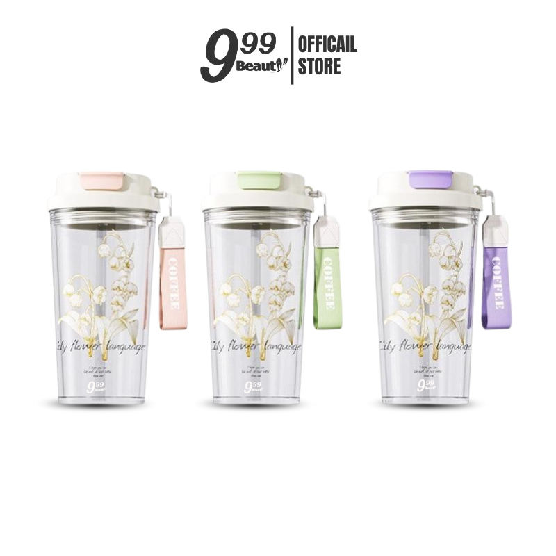 999beauty แก้วน้ำ แก้วพลาสติก 500ml. แบบพกพาพร้อมหลอดดูดความจุขนาดใหญ่ Lily Valley
