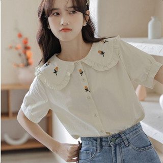 SIAM CURATEDสื้อเชิ้ตคอตุ๊กตาปัก ✨ แขนพองสีขาว（จัดส่งภายใน24…