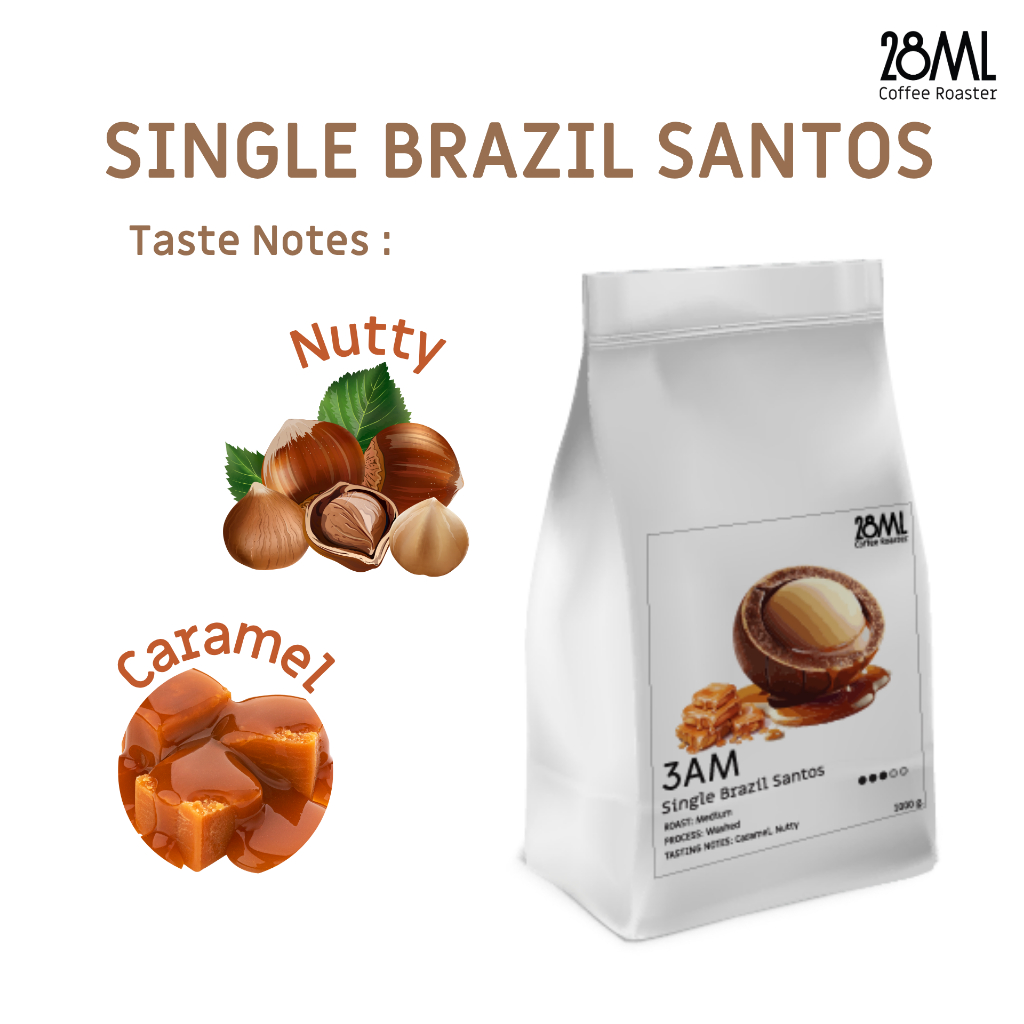 เมล็ดกาแฟบราซิล คั่วกลาง 28ml Brazil Santos | อาราบิก้า 100% จาก บราซิล | รสชาติคาราเมล นัทตี้