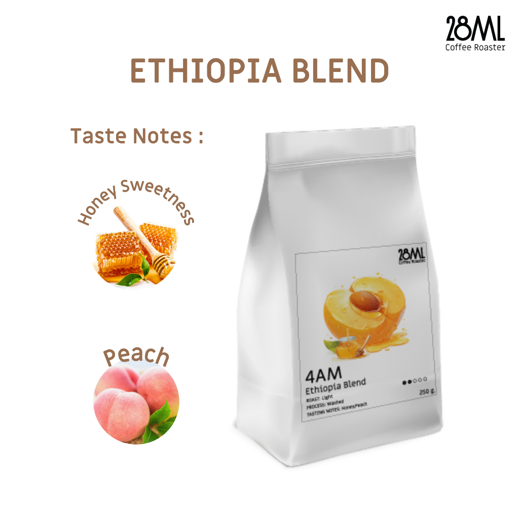เมล็ดกาแฟเอธิโอเปีย คั่วอ่อน 28ml Ethiopia Blend คั่วอ่อน หอมพีช กลิ่นน้ำผึ้ง | อาราบิก้า 100%