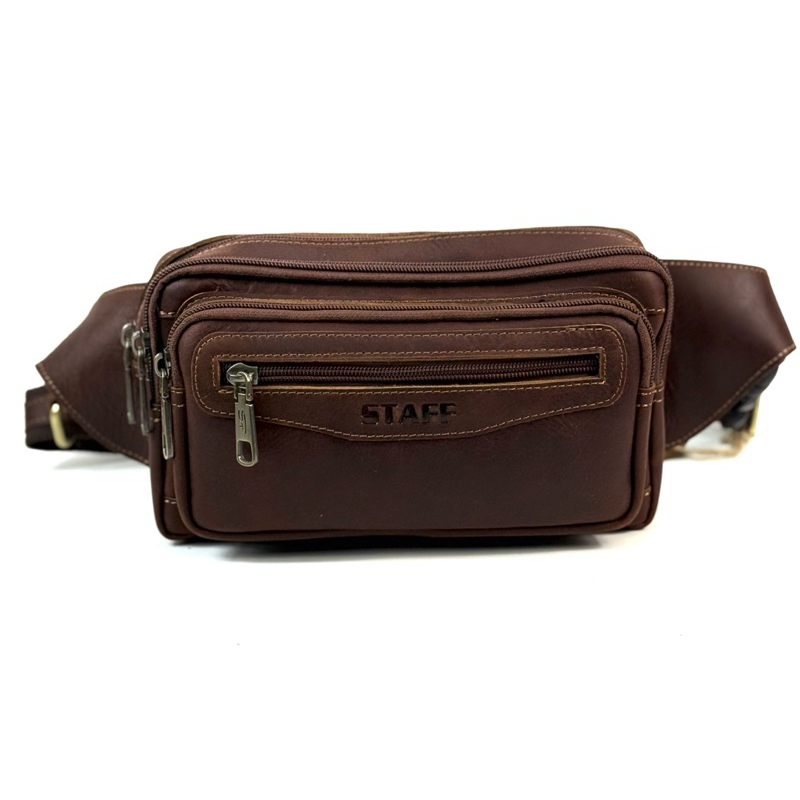 Chinatown Leather กระเป๋าหนังวัวแท้สะพายหน้าอกหรือคาดเอวซิปยื่น น้ำตาล staff