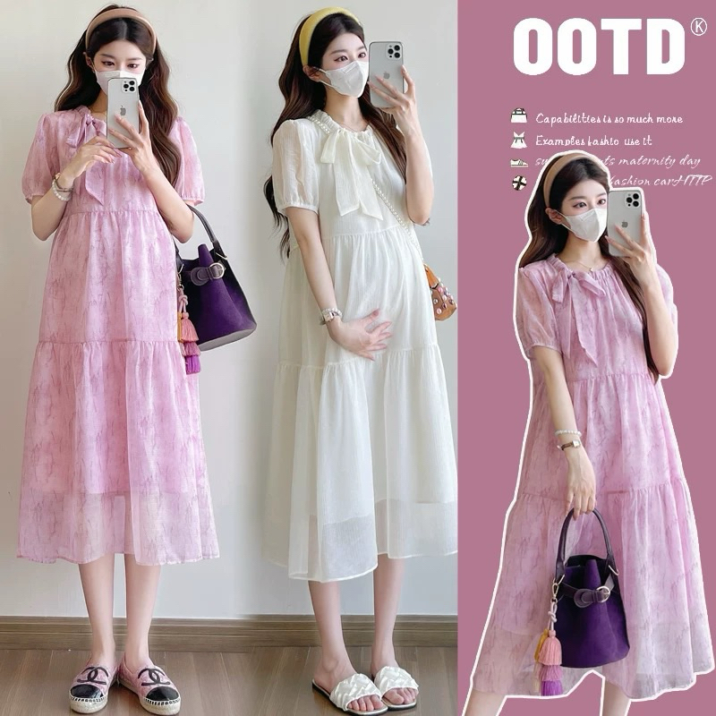 ชุดคลุมท้องผ้าชีฟองสีชมพู มีซับใน ไม่ต้องรีด ใส่ออกงานได้ พร้อมส่ง