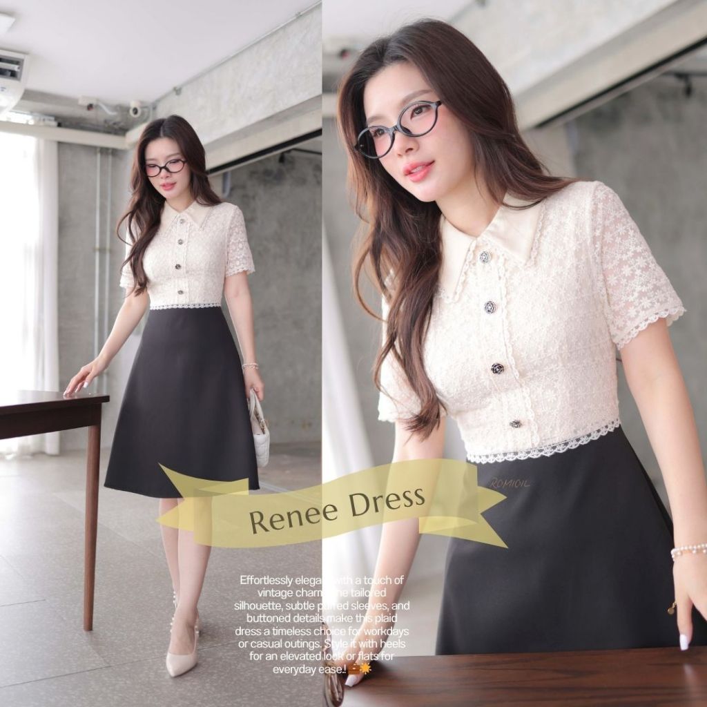 "Romi"Oil" Renee Dress J508 ชุดเดรสสีดำ (เสื้อลูกไม้ครีมแต่งกระดุม)