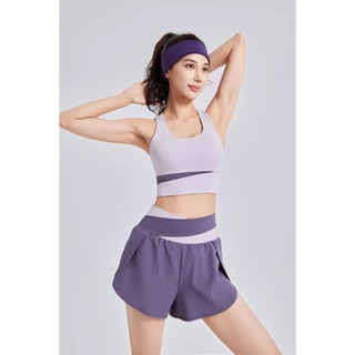 **เพิ่มสีใหม่**(YOGA-058) กางเกงออกกำลังกายขาสั้น กางเกงวิ่ง เอวสูงทูโทน มีซับใน มีกระเป๋าซ่อน