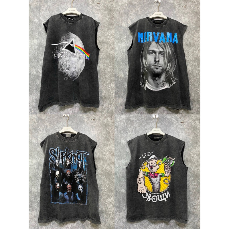 hmwe shop🍊เสื้อยิด แขนกุด งานผ้าฟอกวินเทจ ทรง Oversizeลายวง ลายวินเทจ ลายน่ารักผ้าดี ซักไม่ยืด