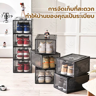 กล่องใส่รองเท้า ตู้รองเท้า สามารถซ้อนได้หลายชั้น ฝาเปิดด้านหน้า กล่องใส่รองเท้าพลาสติกแข็งสีดำ เก็บวางรองเท้า Shoesbox
