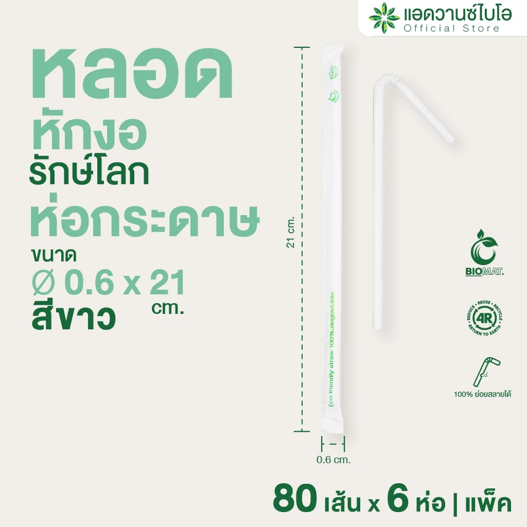 AdvanceBIO : หลอดพลาสติกย่อยสลาย สีขาว-หักงอ/ห่อกระดาษ ขนาด Ø0.6xยาว 21 ซม. 1แพ็ค มี 6 ห่อ รุ่น 3012