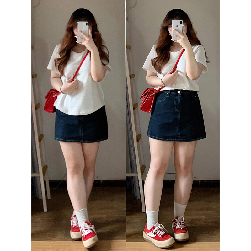 GHAOHES กางเกงกระโปรงยีนส์สาวอวบเอวสูง กระโปรงสาวอวบเก็บพุง ผ้าไม่ยืด Skirt เสื้อผ้า ผู้หญิง 6605