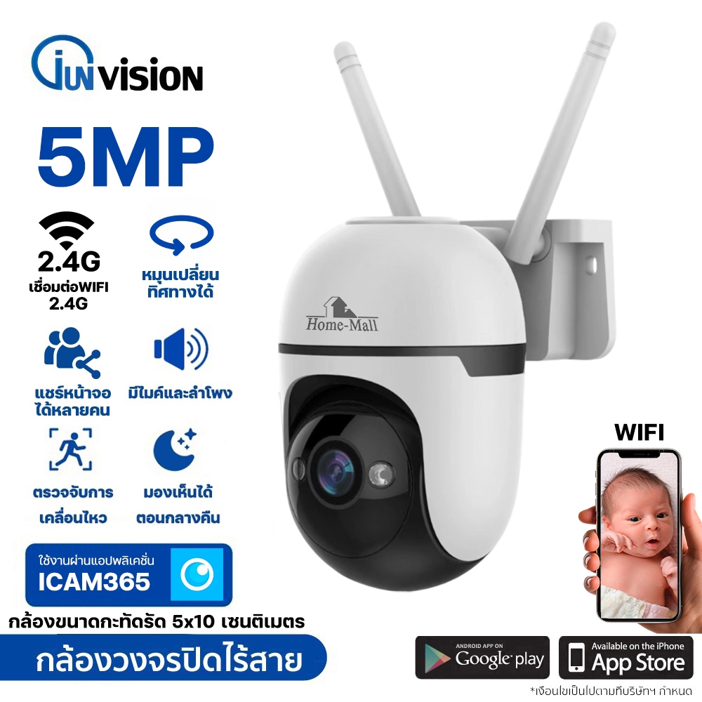 Junanvision กล้องวงจรปิดไร้สาย indoor/outdoor 5MP กันน้ำ หมุนได้ โต้ตอบได้สองฝั่ง จับการเคลื่อนไหว