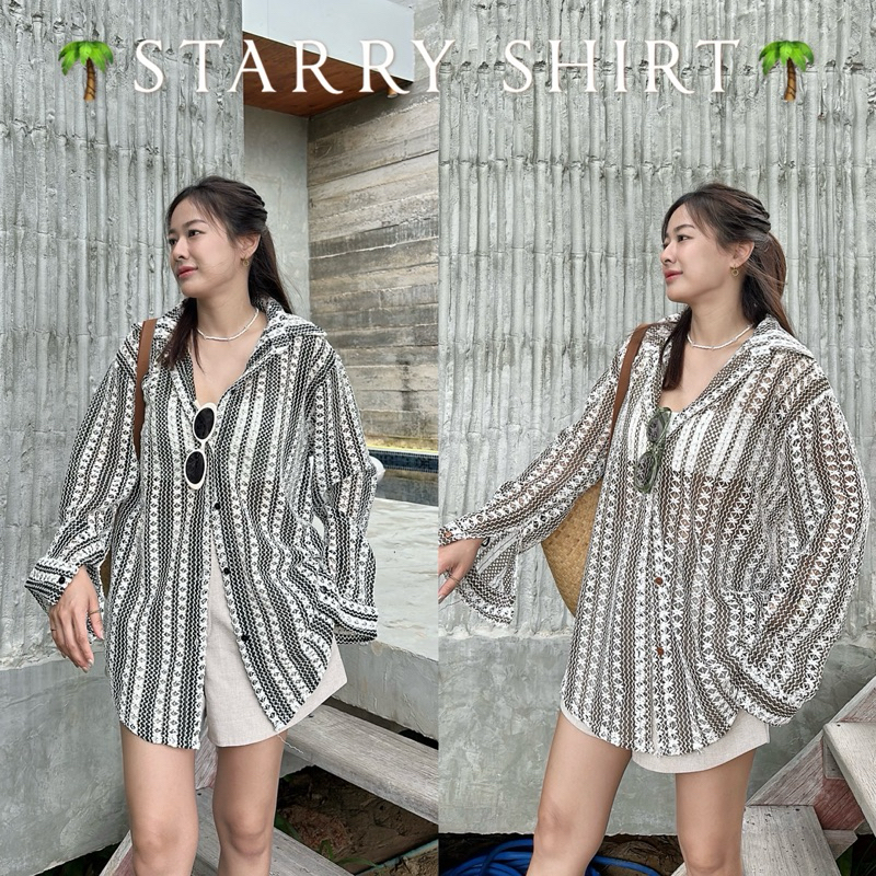 𝗦𝗧𝗔𝗥𝗥𝗬 𝗦𝗛𝗜𝗥𝗧 🌈 เสื้อเชิ้ตผ้าถักแขนยาว ใส่เป็นเชิ้ตตัวเดียวหรือจะใส่เป็นเสื้อคลุมก็ได้