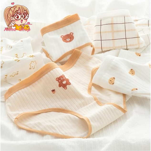 Anna shop กางเกงในน่ารัก ลายน้องหมี กางเกงในแฟชั่น เอวกลาง โทนขาวน้ำตาลพาสเทล พร้อมส่ง CS042