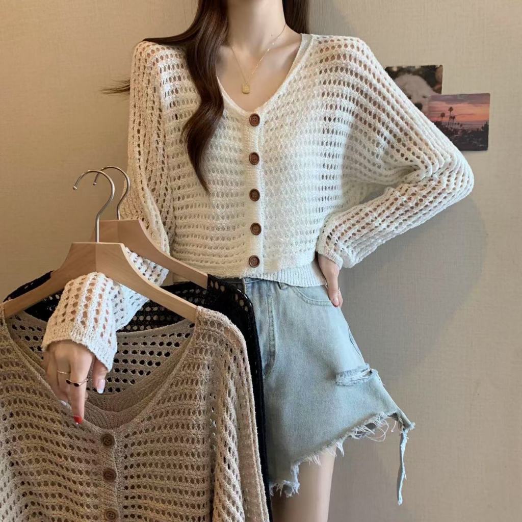 เซต 2 ชิ้น(เสื้อกล้าม+ เสื้อคลุมตาข่าย) ไหมพรมแขนยาวผู้หญิง แฟชั่นผู้หญิง กระดุมใช้งานได้จริง น้าน่ารักมากชุดใส่เที่ยว