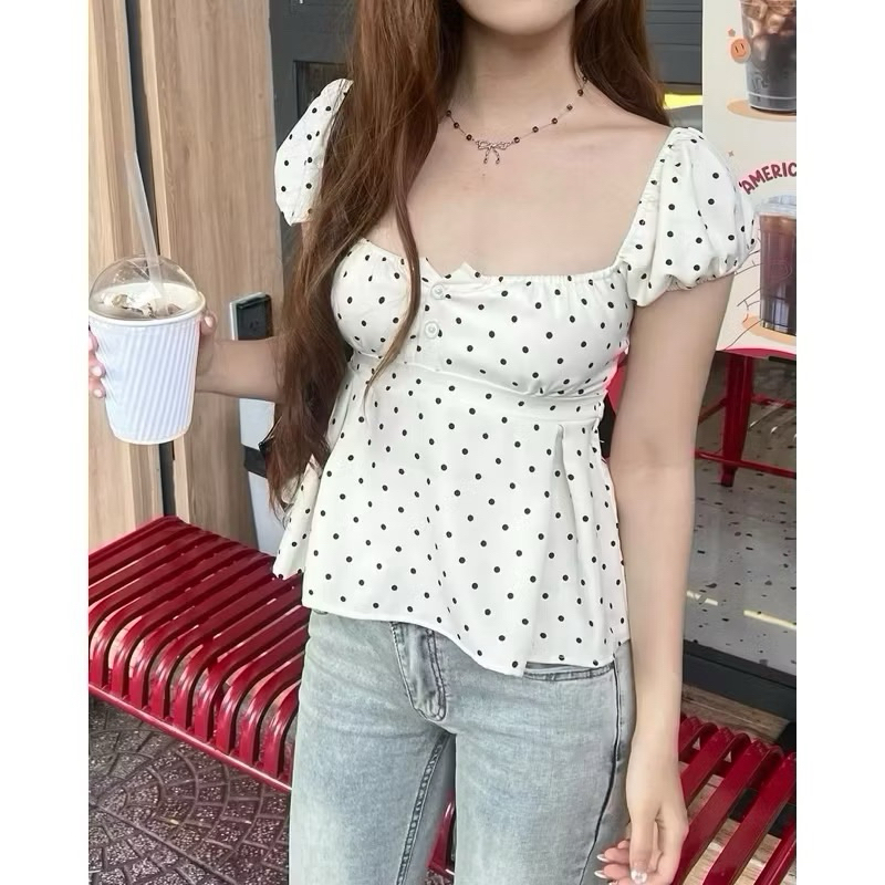 พร้อมส่ง เสื้อครอปแขนตุ๊กตาลายจุด🐠 เสื้อลายจุดน่ารัก เสื้อแขนจั้ม polkadot🌤️ - รูปที่ 2