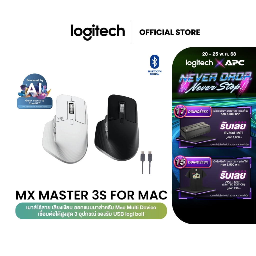 Logitech MX Master 3S for Mac Performance Wireless Mouse เมาส์บลูทูธ ให้เหมาะกับ macOS และเข้ากันได้