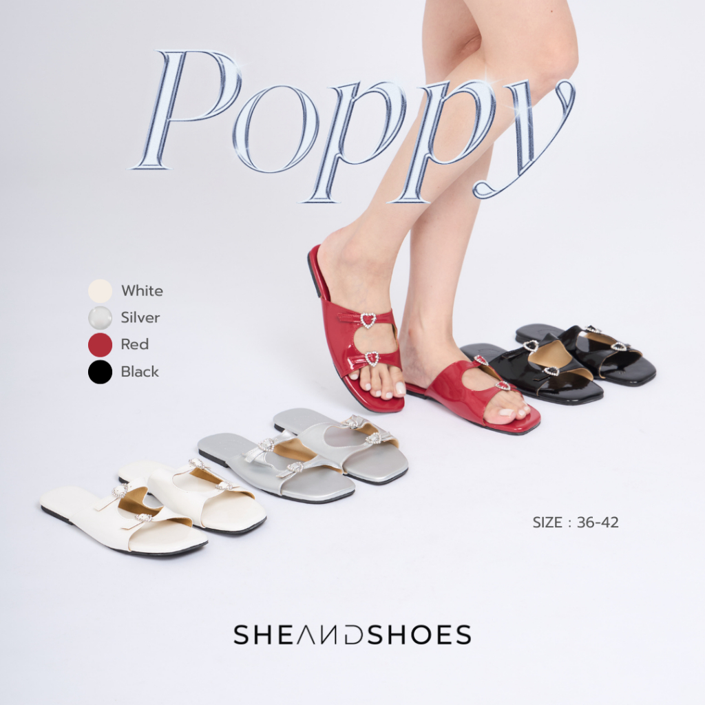 🚗 ส่งด่วน กทม - Poppy รองเท้าแฟชั่น แต่งอะไหล่หัวใจเพชร [Sz.36-42] น่ารัก สวยมากก พื้นกันลื่น