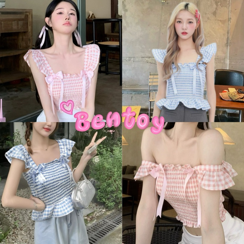 Bentoy(60198)เสื้อกล้ามสายเดี่ยว สาวหวาน สม็อคทั้งตัว แต่งโบว์สองข้าง ปลายระบายน่ารัก